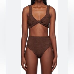 Hunza G Jamie Bikini Set Juno Twist Top & High Waist Bottoms Metallic Chocolate